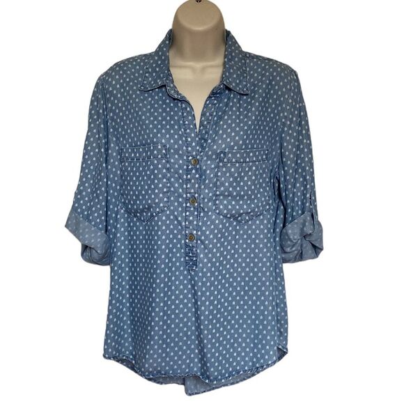 Velvet Heart Arrow Print Chambray Roll-Tab Sleeve Button Down Shirt Sz L - Picture 1 of 8